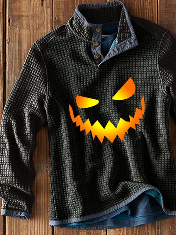 Halloween Horror Smiley Print Button Long Sleeve Sweatshirt