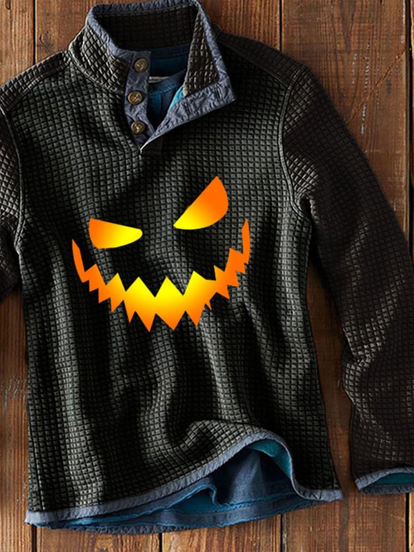 Halloween Horror Smiley Print Button Long Sleeve Sweatshirt