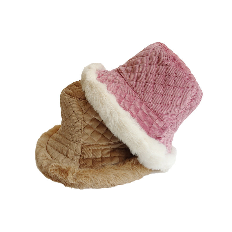 thickened corduroy plaid fisherman hat plush winter hat