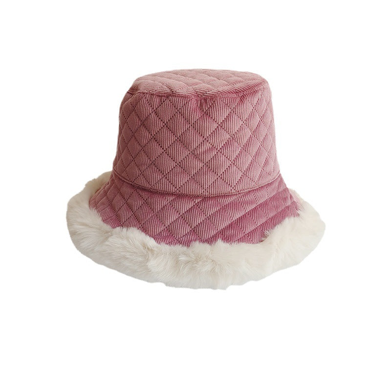 thickened corduroy plaid fisherman hat plush winter hat