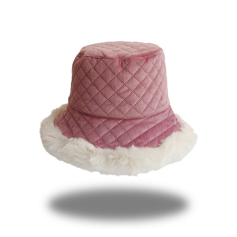 thickened corduroy plaid fisherman hat plush winter hat