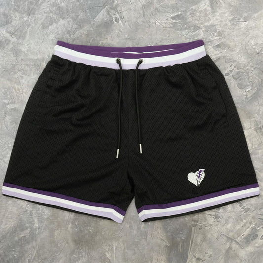 Lightning Heart Embroidered Mesh Track Shorts