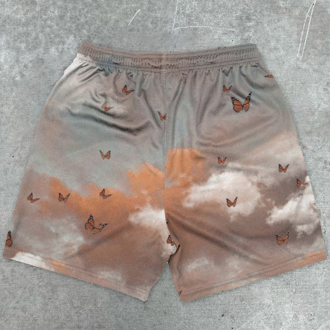 Vintage Art Print Street Mesh Shorts