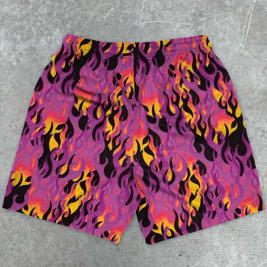 Fashion brand flame print mesh shorts