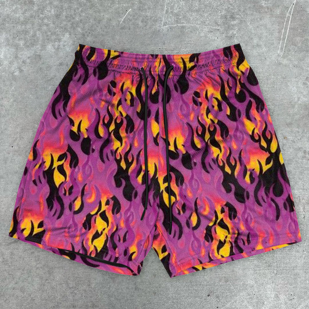 Fashion brand flame print mesh shorts