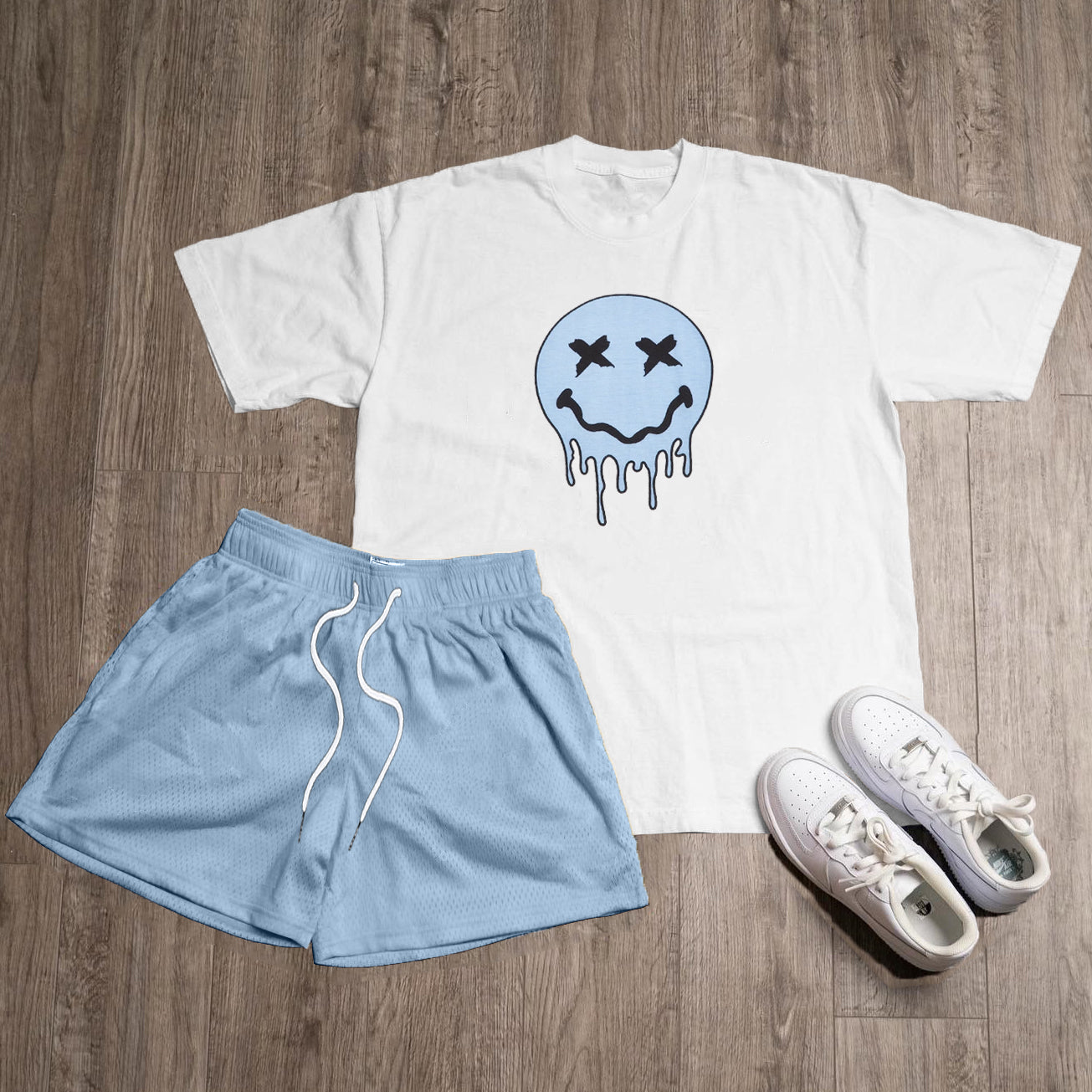 Funny Expression Print T-Shirt Mesh Shorts Two-Piece Set